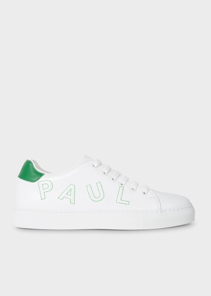 Men's White Leather 'Basso' Trainers With Green 'Paul Smith' Embroidery