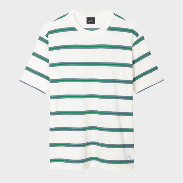 Off-White And Green Cotton Stripe T-Shirt