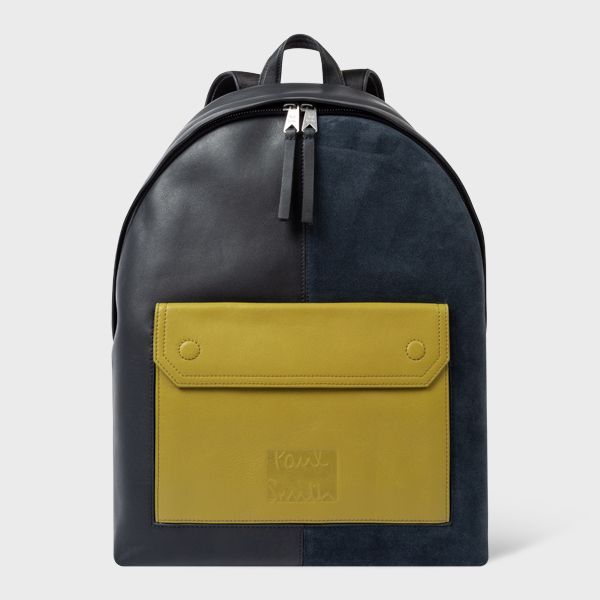Navy Leather Contrast Pocket Backpack