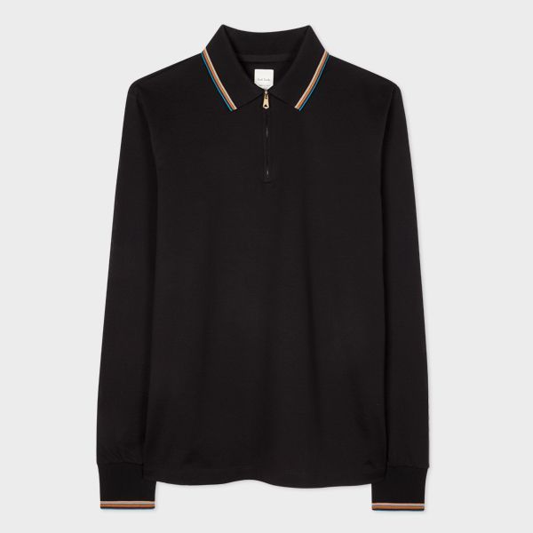 Black Cotton Zip-Neck Polo Shirt With 'Signature Stripe' Trim