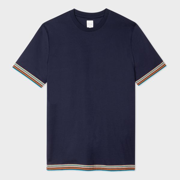 Navy Mercerised Cotton 'Signature Stripe' Trim T-Shirt
