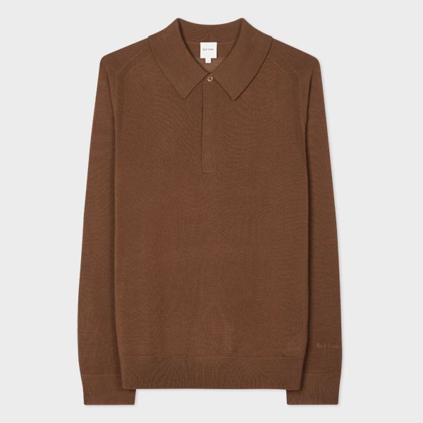 Brown Merino Wool Long-Sleeve Polo Shirt