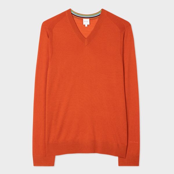 Orange Merino Wool V-Neck Sweater