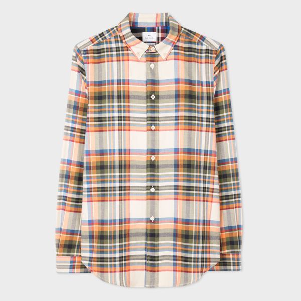 Tailored-Fit Orange Flannel Check Long-Sleeve Shirt
