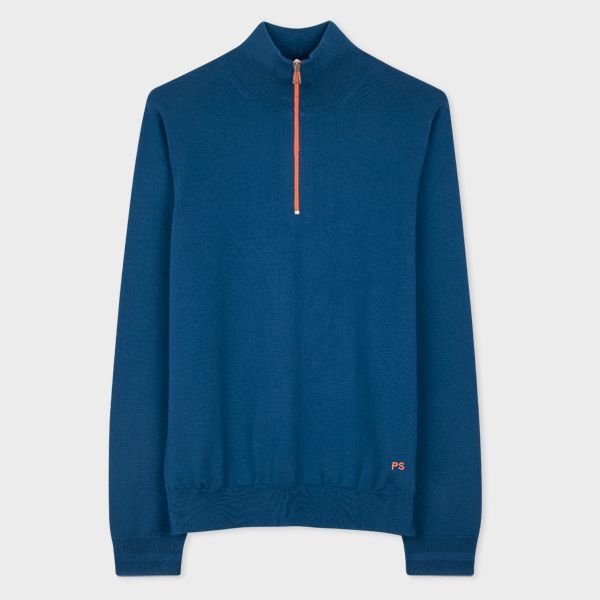 Blue Merino Wool Zip-Neck Sweater