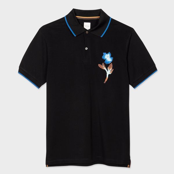 Black Cotton Embroidered Flower Polo Shirt