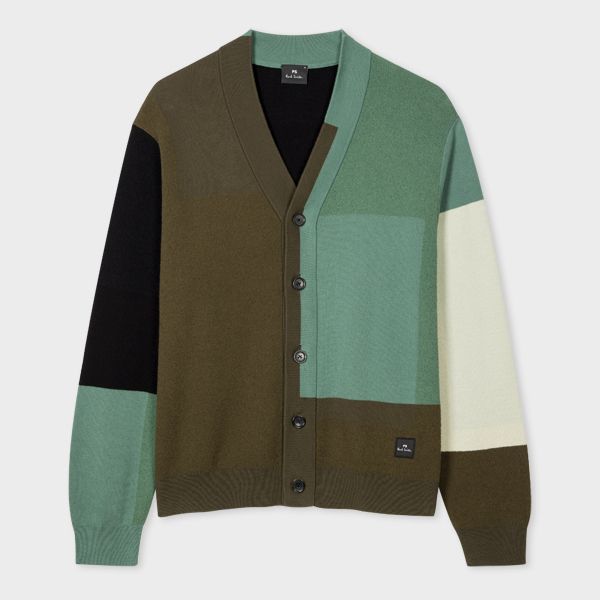 Green Colour-Block Cotton-Blend Cardigan