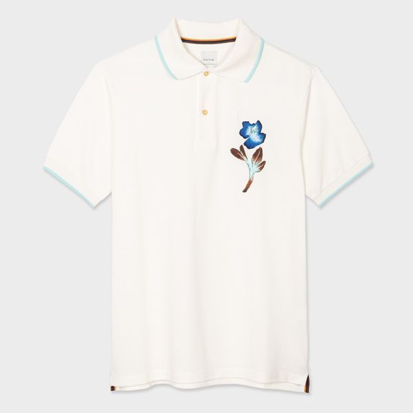 White Cotton Embroidered Flower Polo Shirt