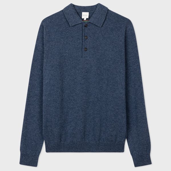 Blue Marl Lambswool-Blend Knitted Polo Shirt
