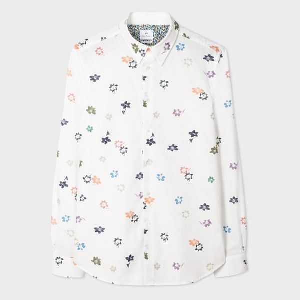 Tailored-Fit White 'Painted Floral' Cotton Shirt