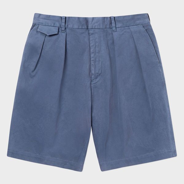 Blue Stretch-Cotton Double-Pleat Shorts