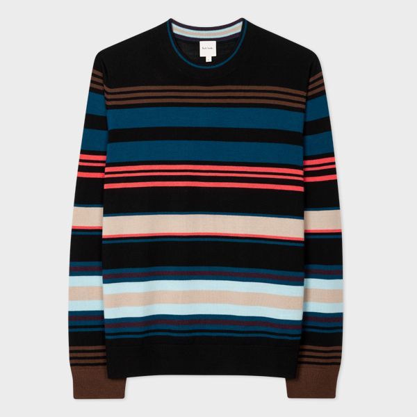 Multi Stripe Merino Wool Crew Neck Sweater