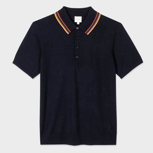 Dark Navy Washable Wool Polo Shirt with 'Artist Stripe' Tipping