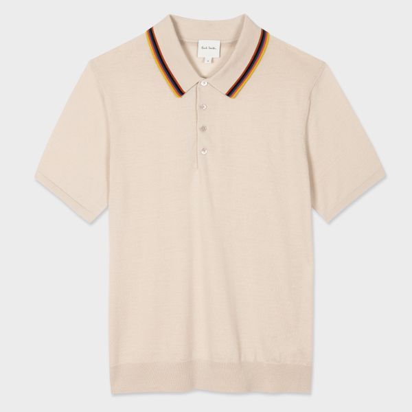 Oat Washable Wool Polo Shirt with 'Artist Stripe' Tipping