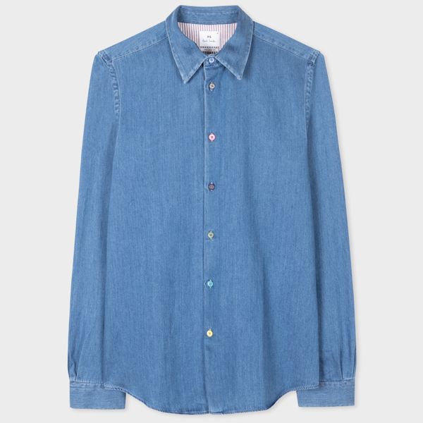 Tailored-Fit Mid-Wash Denim Shirt With 'Sports Stripe' Buttons