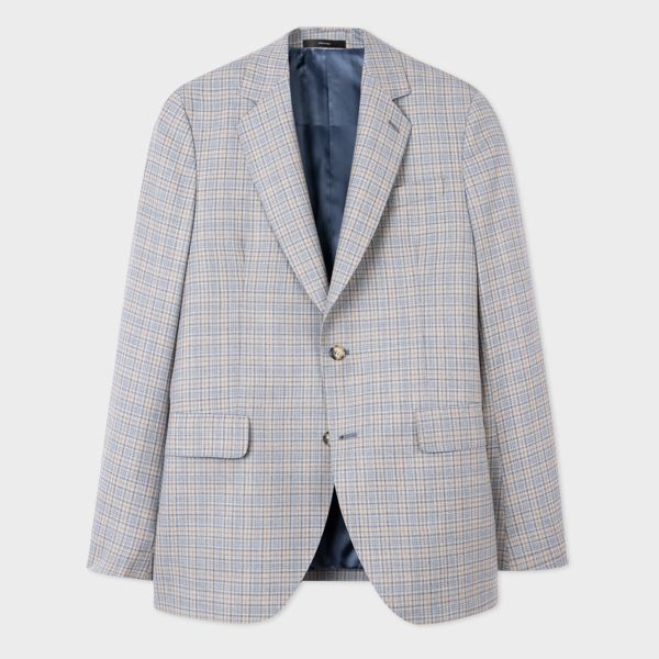 Tailored-Fit Ecru And Sky Check Wool Blazer