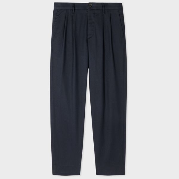 Navy Tapered Pleat-Front Cotton-Lyocell Trousers