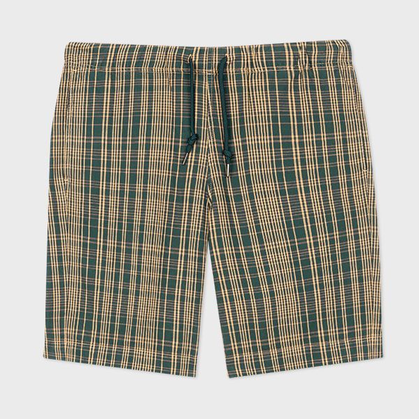 Tan and Navy Check Cotton-Linen Shorts