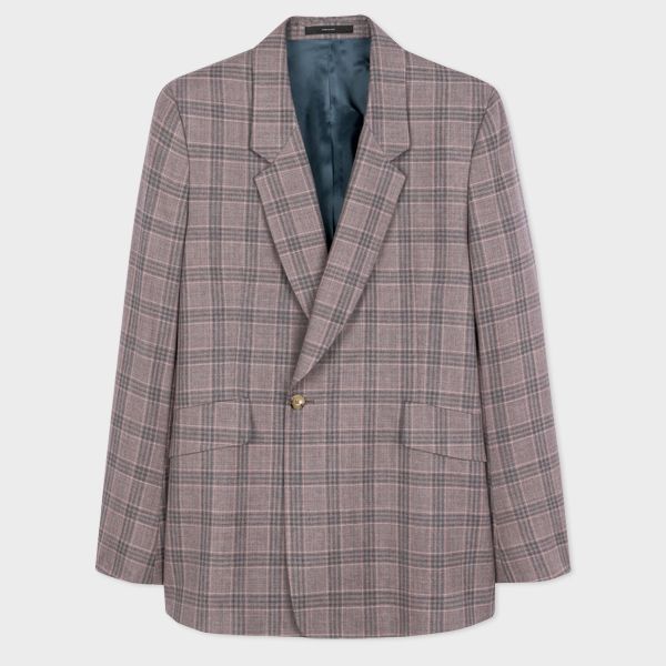 Mauve and Grey Check Wool Double-Breasted Blazer