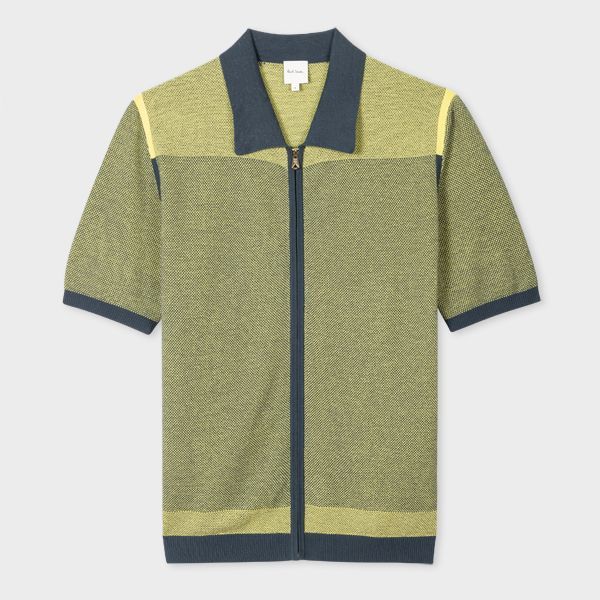 Yellow Cotton Short-Sleeve Knitted Zip Top