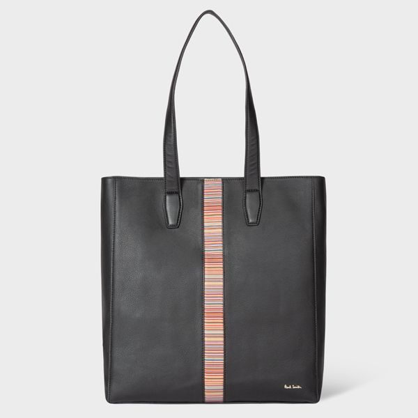 Black Leather 'Signature Stripe' Tote Bag
