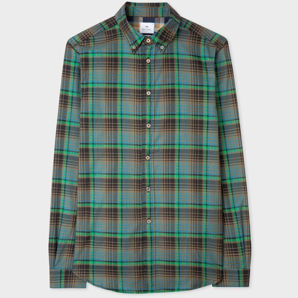 Tailored-Fit Green Gradient Check Cotton Shirt