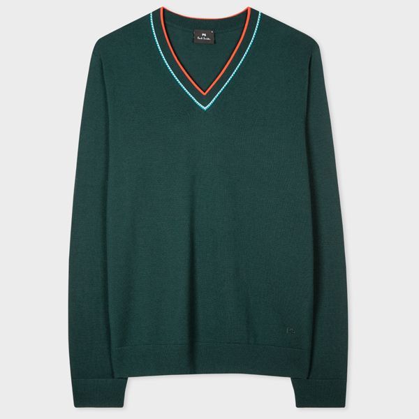 Green Merino Wool-Blend Contrast V-Neck Sweater