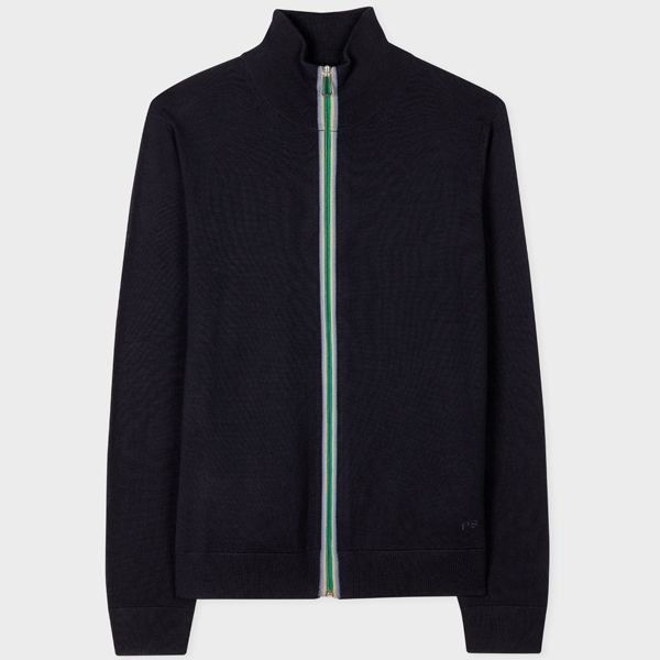 Dark Navy Merino-Blend Stripe Zip Cardigan