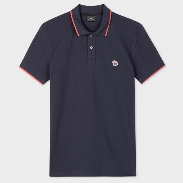 Slim-Fit Navy Zebra Logo Polo Shirt With Coral Tipping