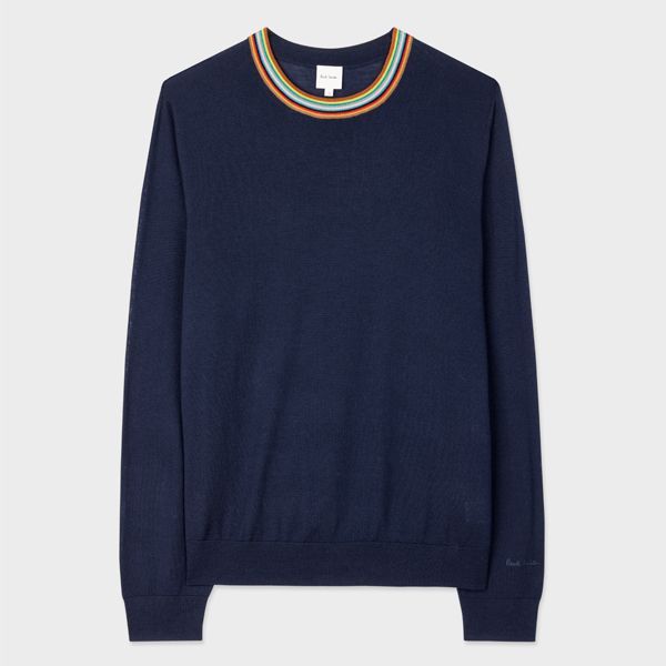 Navy Merino Sweater With 'Signature Stripe' Collar