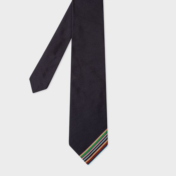 Navy Silk Tie With Embroidered Stripe