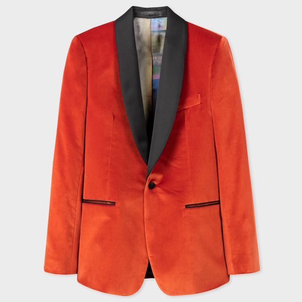 Slim-Fit Orange Velvet Shawl Collar Blazer