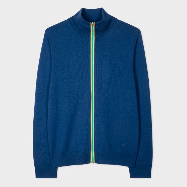 Electric Blue Merino Wool Blend Zip Cardigan