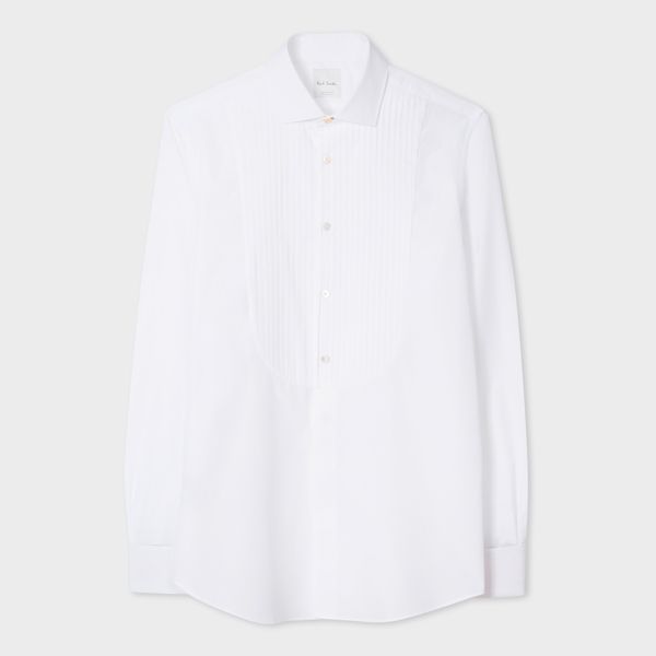 Men's Tailored-Fit White Pleated-Bib Cotton Evening Shirt With 'Artist Stripe' Double Cuff