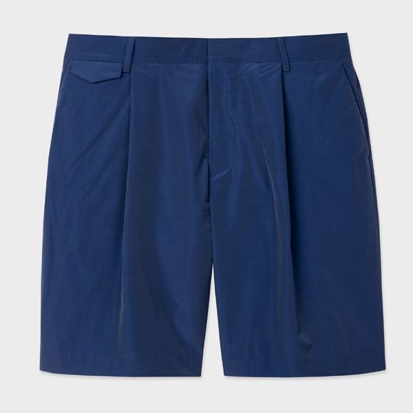Blue Wool-Nylon Pleated Shorts