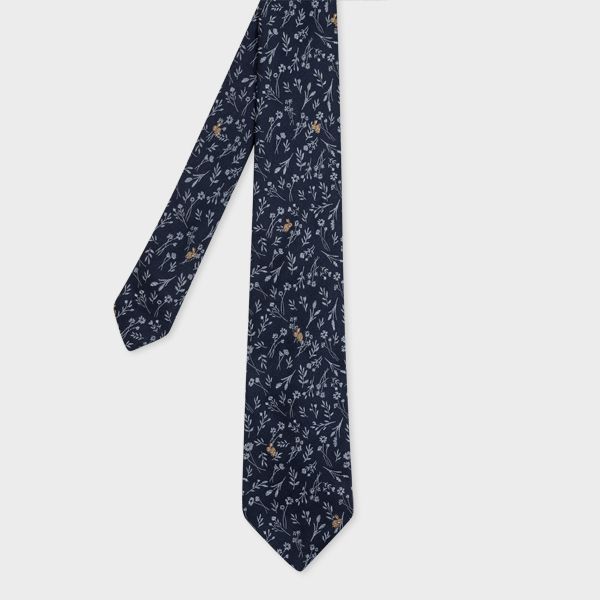 Navy Blue 'Rabbit Floral' Silk Tie