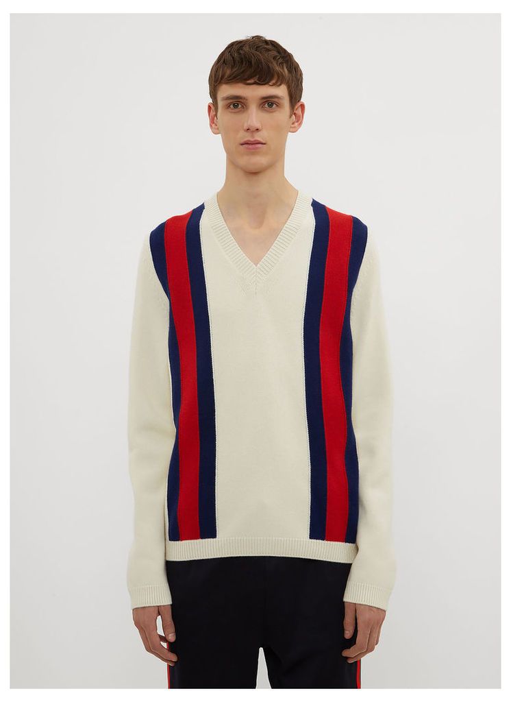 Gucci Striped V-Neck Knit Sweater in Beige size XL