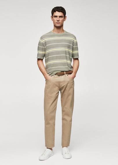 Striped textured 100% cotton T-shirt khaki - Man - S - MANGO MAN