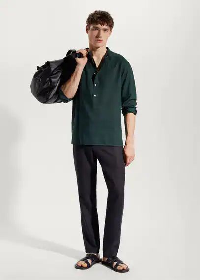 Regular-fit linen shirt with mao collar green - Man - XS - MANGO MAN