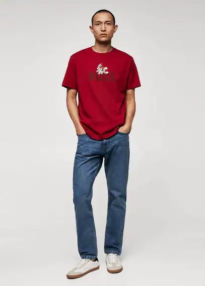 Embroidered cotton T-shirt red - Man - XS - MANGO MAN