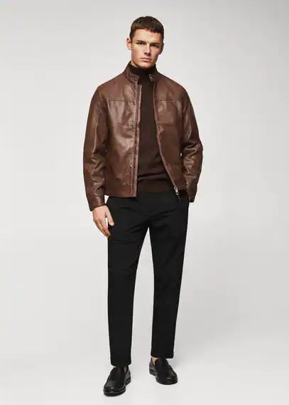 Leather biker jacket cognac - Man - L - MANGO MAN