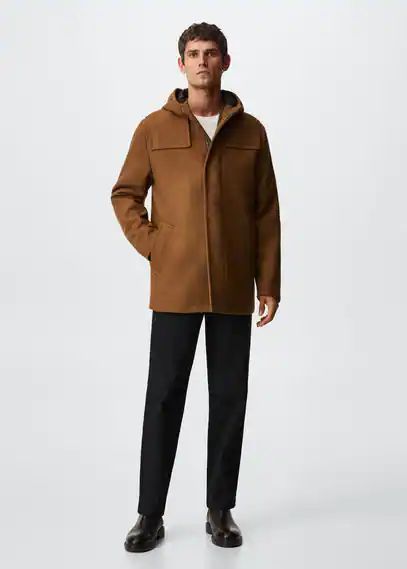Hooded wool coat medium brown - Man - XS - MANGO MAN
