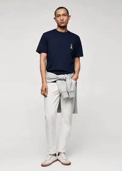Embroidered cotton T-shirt navy - Man - XS - MANGO MAN