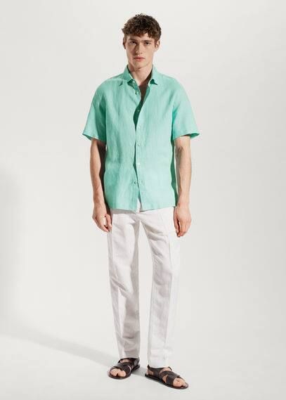 100% linen short sleeve shirt aqua green - Man - XS - MANGO MAN