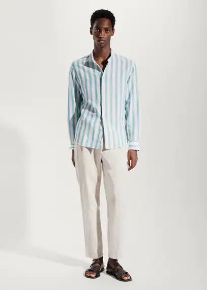 Regular-fit striped linen shirt aqua green - Man - XS - MANGO MAN