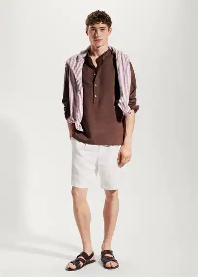 Regular-fit linen shirt with mao collar burgundy - Man - XS - MANGO MAN