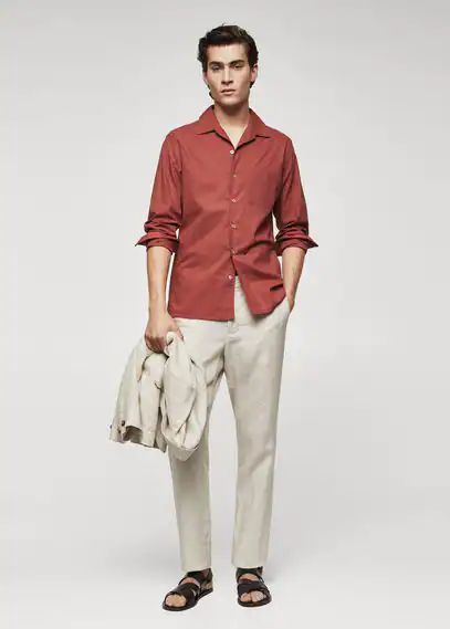Regular fit pocket cotton shirt burgundy - Man - S - MANGO MAN