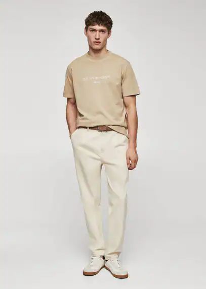 100% cotton t-shirt text beige - Man - XS - MANGO MAN