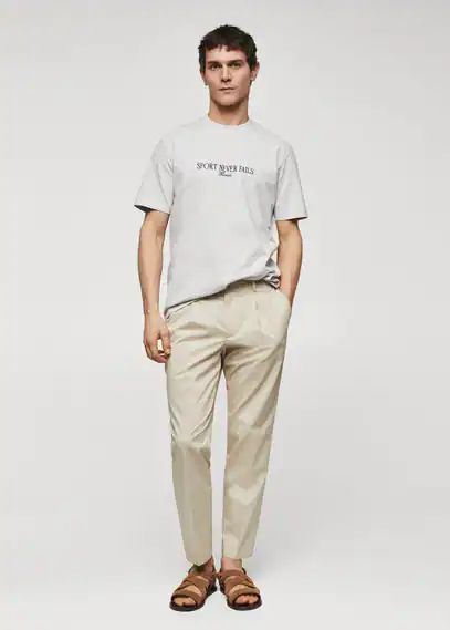 Embroidered cotton message t-shirt light heather grey - Man - XS - MANGO MAN