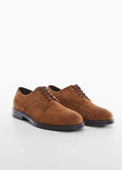 Laser-cut leather blucher shoes tobacco brown - Man - 6 - MANGO MAN